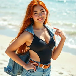A fashionable red-haired Korean girl wearing a one-piece swimsuit underneath a stylish pair of high-waisted jeans, with a chic belt that rests on her hips