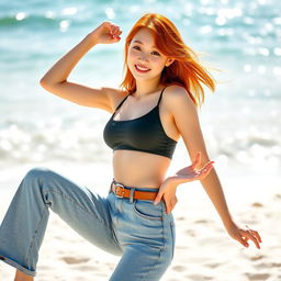 A fashionable red-haired Korean girl wearing a one-piece swimsuit underneath a stylish pair of high-waisted jeans, with a chic belt that rests on her hips