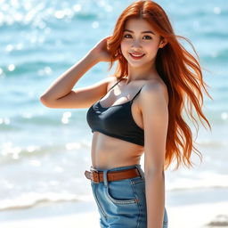 A fashionable red-haired Korean girl wearing a one-piece swimsuit underneath a stylish pair of high-waisted jeans, with a chic belt that rests on her hips