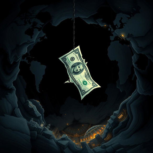 A dramatic and symbolic illustration depicting the American dollar falling from a dark abyss