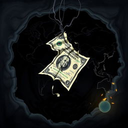A dramatic and symbolic illustration depicting the American dollar falling from a dark abyss