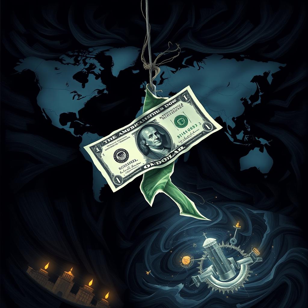 A dramatic and symbolic illustration depicting the American dollar falling from a dark abyss