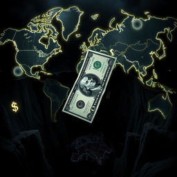 A powerful visual representation of the American dollar dramatically falling from an abyss that is formed by a detailed world map depicting economic countries