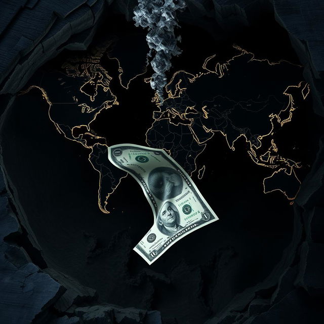 A powerful visual representation of the American dollar dramatically falling from an abyss that is formed by a detailed world map depicting economic countries