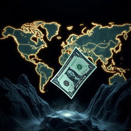 A powerful visual representation of the American dollar dramatically falling from an abyss that is formed by a detailed world map depicting economic countries