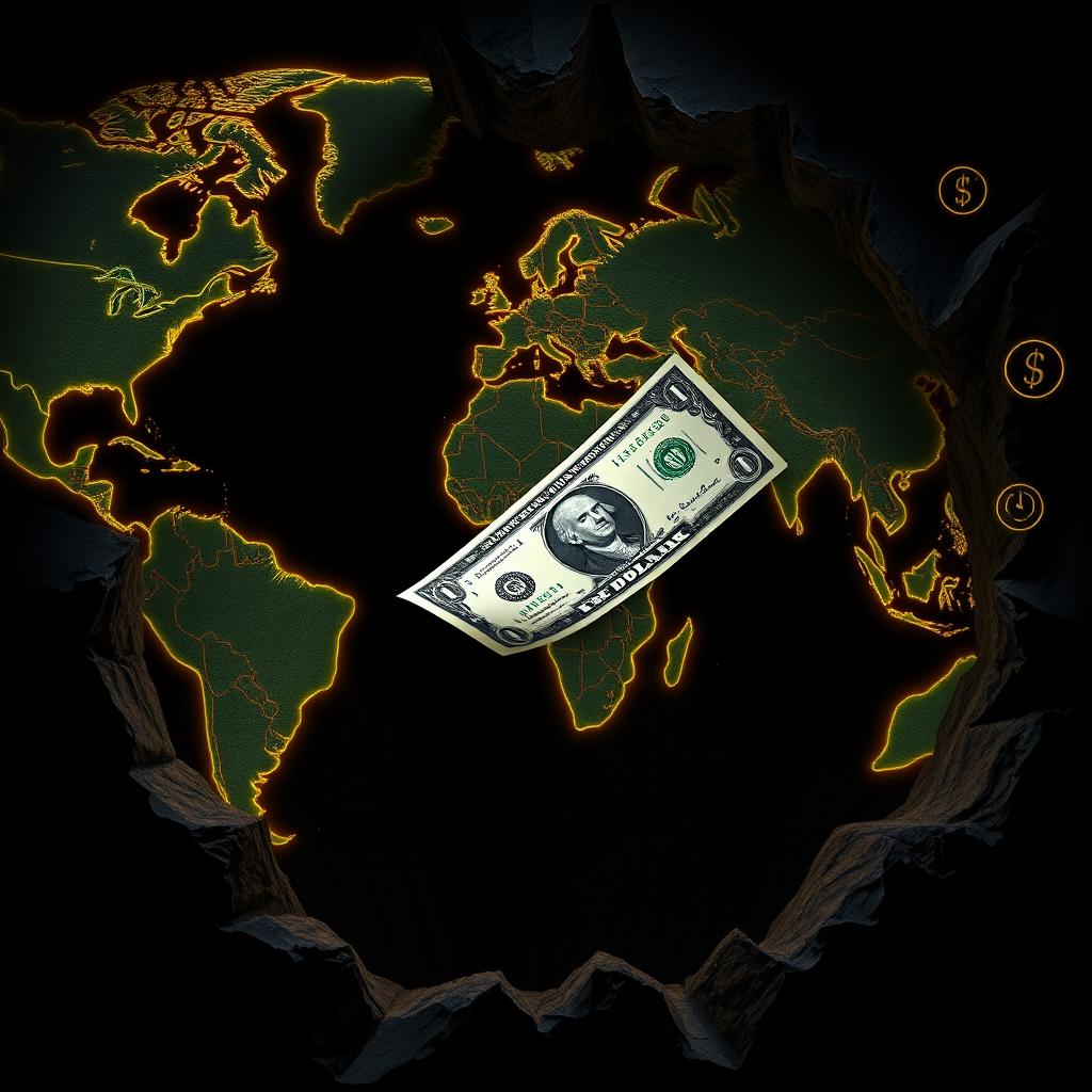 A powerful visual representation of the American dollar dramatically falling from an abyss that is formed by a detailed world map depicting economic countries