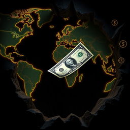 A powerful visual representation of the American dollar dramatically falling from an abyss that is formed by a detailed world map depicting economic countries