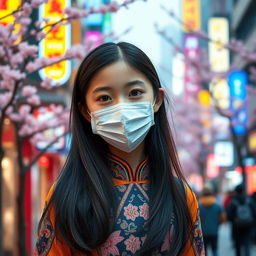 A beautiful young Chinese girl wearing a stylish face mask, standing in a vibrant urban setting
