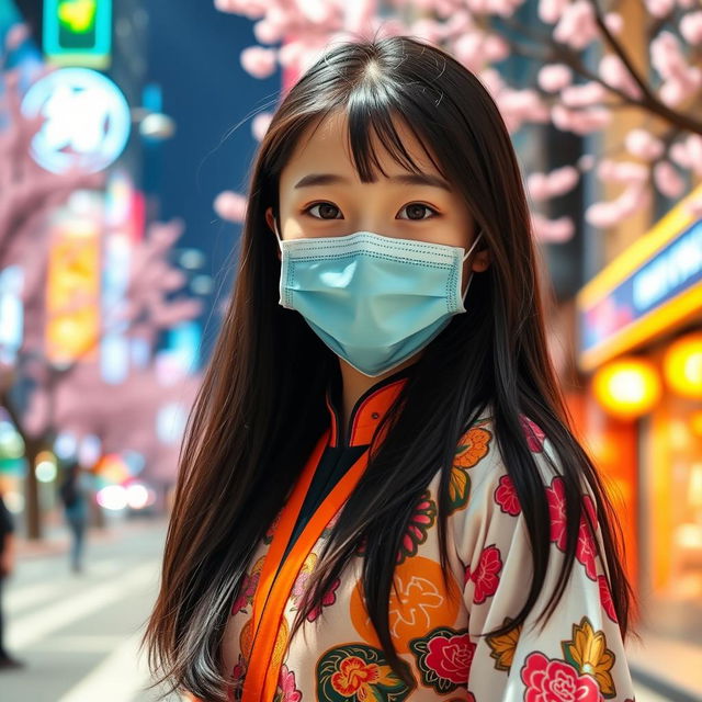 A beautiful young Chinese girl wearing a stylish face mask, standing in a vibrant urban setting