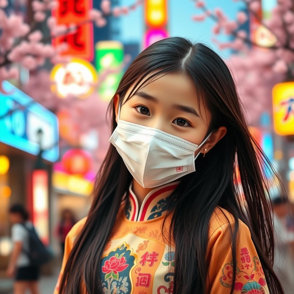 A beautiful young Chinese girl wearing a stylish face mask, standing in a vibrant urban setting