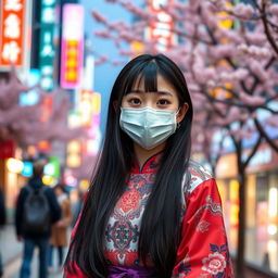 A beautiful young Chinese girl wearing a stylish face mask, standing in a vibrant urban setting