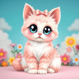 A super cute kawaii cat with oversized sparkling eyes and a tiny pink nose, sitting playfully with its tail curled around its body