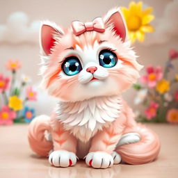 A super cute kawaii cat with oversized sparkling eyes and a tiny pink nose, sitting playfully with its tail curled around its body