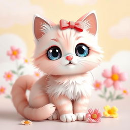 A super cute kawaii cat with oversized sparkling eyes and a tiny pink nose, sitting playfully with its tail curled around its body