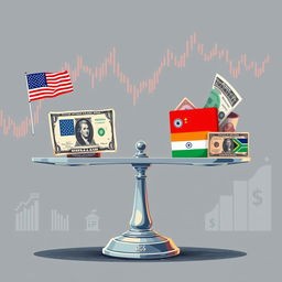 A striking illustration of a balanced scale, with the American dollar positioned on one side, appearing small and slightly worn, while the opposite side features vibrant representations of BRICS currencies—such as the Brazilian Real, Russian Ruble, Indian Rupee, Chinese Yuan, and South African Rand—depicted as heavy and robust