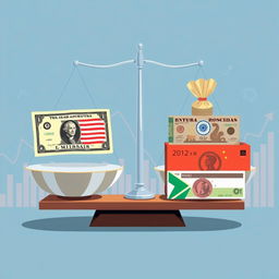 A striking illustration of a balanced scale, with the American dollar positioned on one side, appearing small and slightly worn, while the opposite side features vibrant representations of BRICS currencies—such as the Brazilian Real, Russian Ruble, Indian Rupee, Chinese Yuan, and South African Rand—depicted as heavy and robust