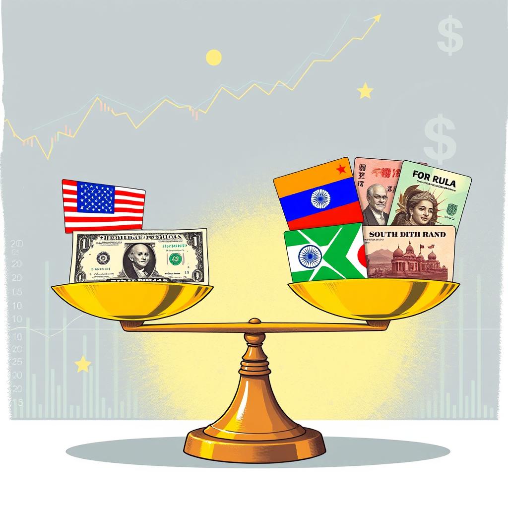 A striking illustration of a balanced scale, with the American dollar positioned on one side, appearing small and slightly worn, while the opposite side features vibrant representations of BRICS currencies—such as the Brazilian Real, Russian Ruble, Indian Rupee, Chinese Yuan, and South African Rand—depicted as heavy and robust