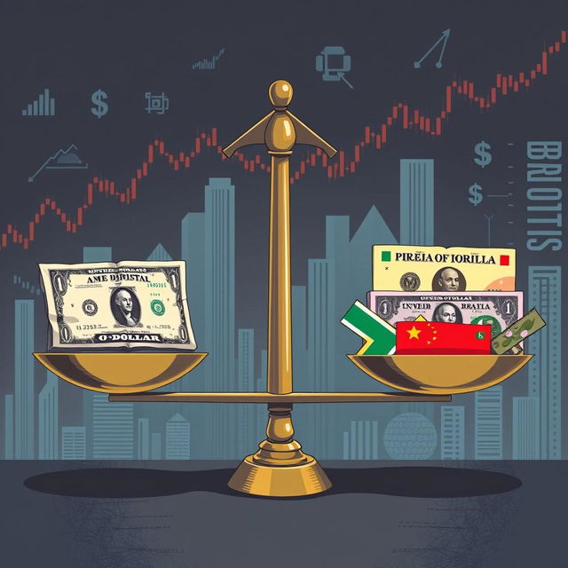 A striking illustration of a balanced scale, with the American dollar positioned on one side, appearing small and slightly worn, while the opposite side features vibrant representations of BRICS currencies—such as the Brazilian Real, Russian Ruble, Indian Rupee, Chinese Yuan, and South African Rand—depicted as heavy and robust