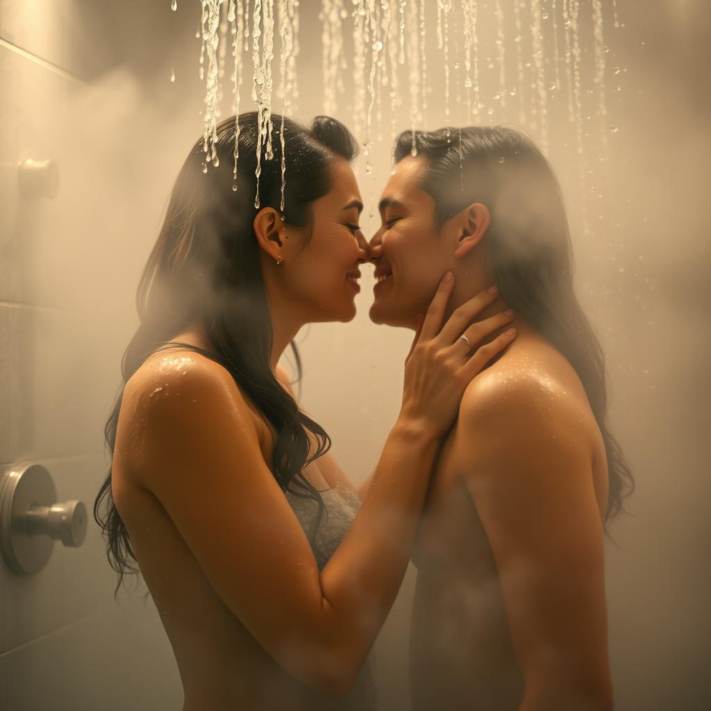 A romantic and intimate scene of a couple enjoying a passionate moment in a luxurious shower, with water cascading around them