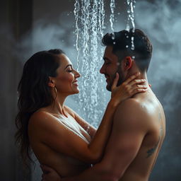 A romantic and intimate scene of a couple enjoying a passionate moment in a luxurious shower, with water cascading around them