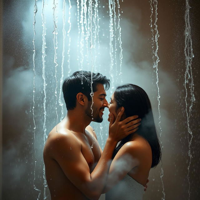 A romantic and intimate scene of a couple enjoying a passionate moment in a luxurious shower, with water cascading around them