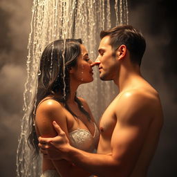 A romantic and intimate scene of a couple enjoying a passionate moment in a luxurious shower, with water cascading around them