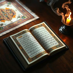 A beautifully illuminated manuscript of the Quran, showcasing intricate Arabic calligraphy, surrounded by ornate floral patterns and geometric designs typical of Islamic art