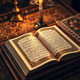 A beautifully illuminated manuscript of the Quran, showcasing intricate Arabic calligraphy, surrounded by ornate floral patterns and geometric designs typical of Islamic art