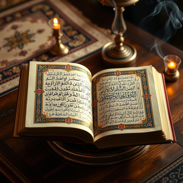 A beautifully illuminated manuscript of the Quran, showcasing intricate Arabic calligraphy, surrounded by ornate floral patterns and geometric designs typical of Islamic art