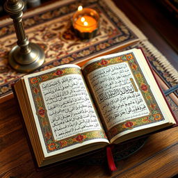 A beautifully illuminated manuscript of the Quran, showcasing intricate Arabic calligraphy, surrounded by ornate floral patterns and geometric designs typical of Islamic art