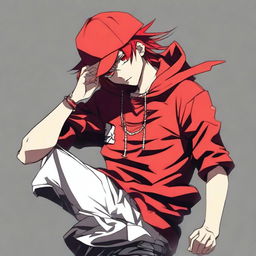 Anime masculino sudando cabello rojo obscuro cantando muy fuerte hip hop