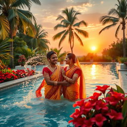 A romantic scene depicting a couple in an Indian pool setting