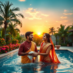 A romantic scene depicting a couple in an Indian pool setting