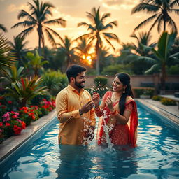 A romantic scene depicting a couple in an Indian pool setting