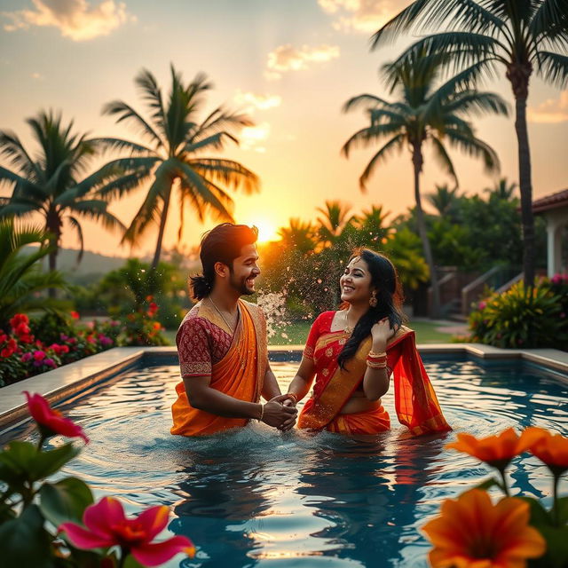 A romantic scene depicting a couple in an Indian pool setting