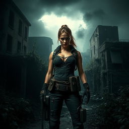 A dramatic and intense scene set in a dystopian environment, with shadows and dim lighting casting an eerie atmosphere