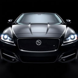 The front view of a black Jaguar XF with its headlights illuminated, showcasing the sleek and elegant design of the vehicle's grille and body contours