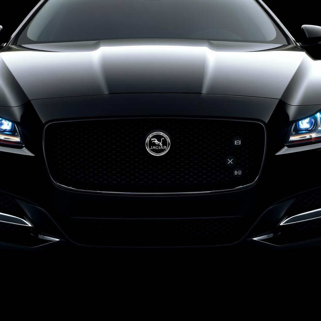 The front view of a black Jaguar XF with its headlights illuminated, showcasing the sleek and elegant design of the vehicle's grille and body contours