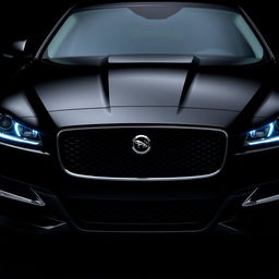 The front view of a black Jaguar XF with its headlights illuminated, showcasing the sleek and elegant design of the vehicle's grille and body contours