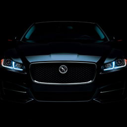 The front view of a black Jaguar XF with its headlights illuminated, showcasing the sleek and elegant design of the vehicle's grille and body contours