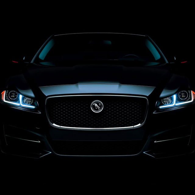 The front view of a black Jaguar XF with its headlights illuminated, showcasing the sleek and elegant design of the vehicle's grille and body contours