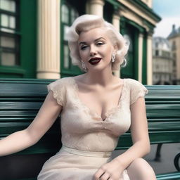 A photorealistic 8k image of Marilyn Monroe sitting on a Parisian bench, capturing the subtleties of her expressions and the intricate details of the surroundings