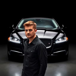 The front view of a black Jaguar XF with its headlights illuminated, positioned against a completely black background