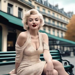 A photorealistic 8k image of Marilyn Monroe sitting on a Parisian bench, capturing the subtleties of her expressions and the intricate details of the surroundings