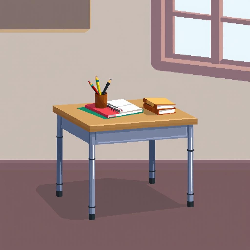 A simple student desk in an 8-bit pixel art style, featuring a wooden desk with metal legs