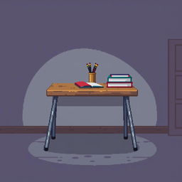 A simple student desk in an 8-bit pixel art style, featuring a wooden desk with metal legs