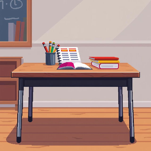 A simple student desk in an 8-bit pixel art style, featuring a wooden desk with metal legs