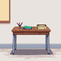 A simple student desk in an 8-bit pixel art style, featuring a wooden desk with metal legs