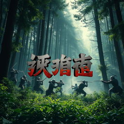 A dramatic scene in a dense forest with an epic battle taking place, showcasing warriors engaged in combat