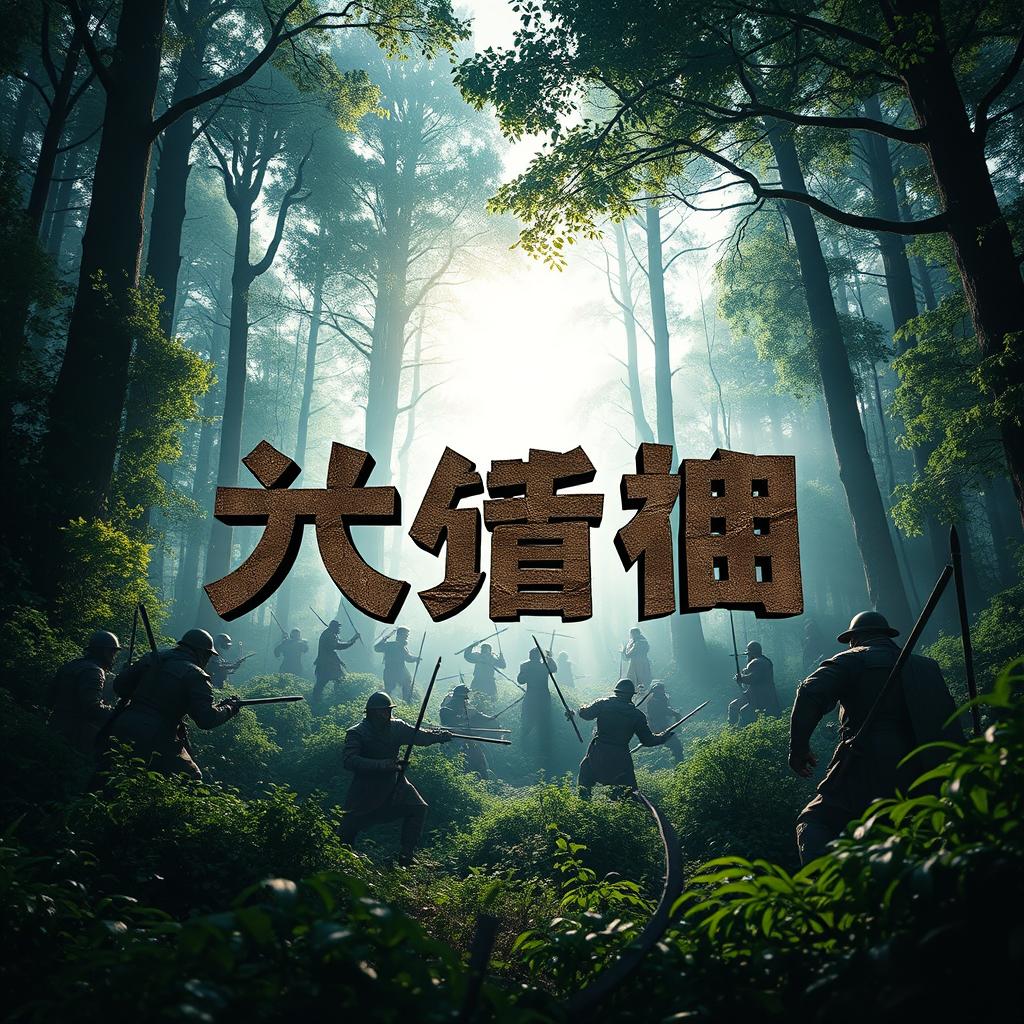 A dramatic scene in a dense forest with an epic battle taking place, showcasing warriors engaged in combat